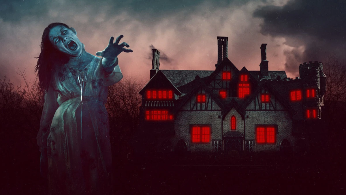 A terrifying ghost emerges from the darkness in front of a haunted house.